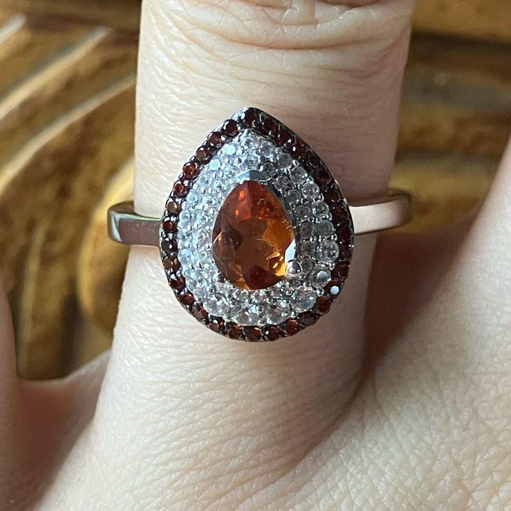 Natural Orange Garnet Sterling Silver Ring Size 7